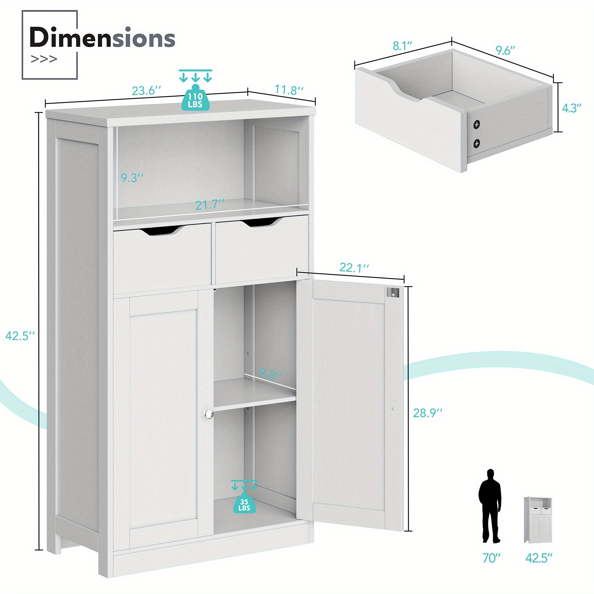 JY QAQA Bathroom Cabinet, Floor Cabinet with 2 Doors And 2 Drawers, Adjustable Shelf Bathroom Storage Cabinet, Freestanding Wooden Storage Organizer for Living Room, Hallway - Image 2