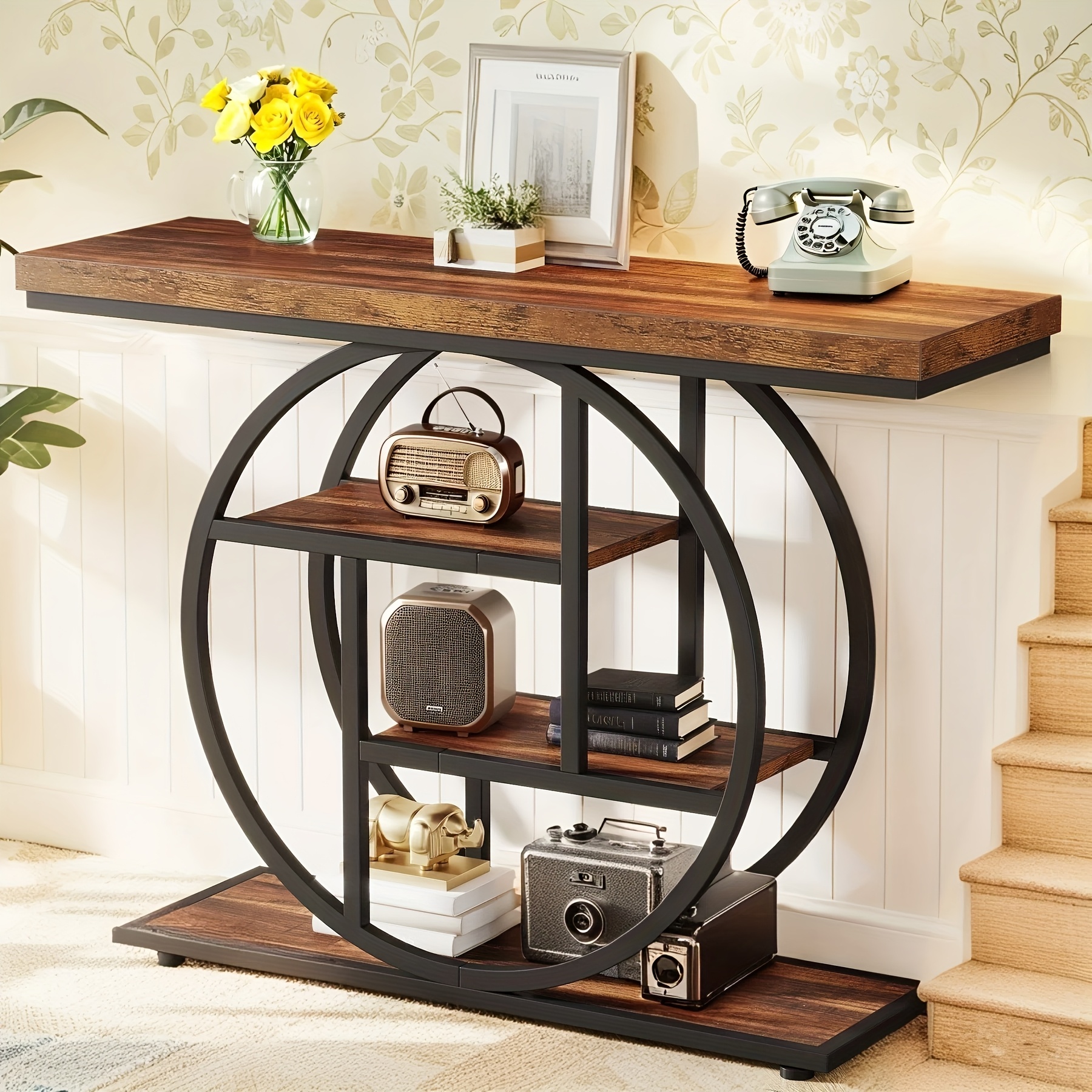 Rustic Modern 41.3"e; Console Table with 4-Tier Storage Shelves - Engineered Wood & Oak Sofa Table Suitable for Living Room, Entryway, Hallway - Assembly Farmhouse Narrow Hall Table, Assembly Required - Image 2