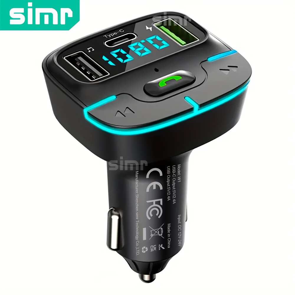 Simr Super Update Car Phone Charger Car MP3 Player FM Transmitter Dual USB C Type C Fast Car Charger Wireless Handsfree Calling Kit Car Audio Receiver Simr W1 - Image 2