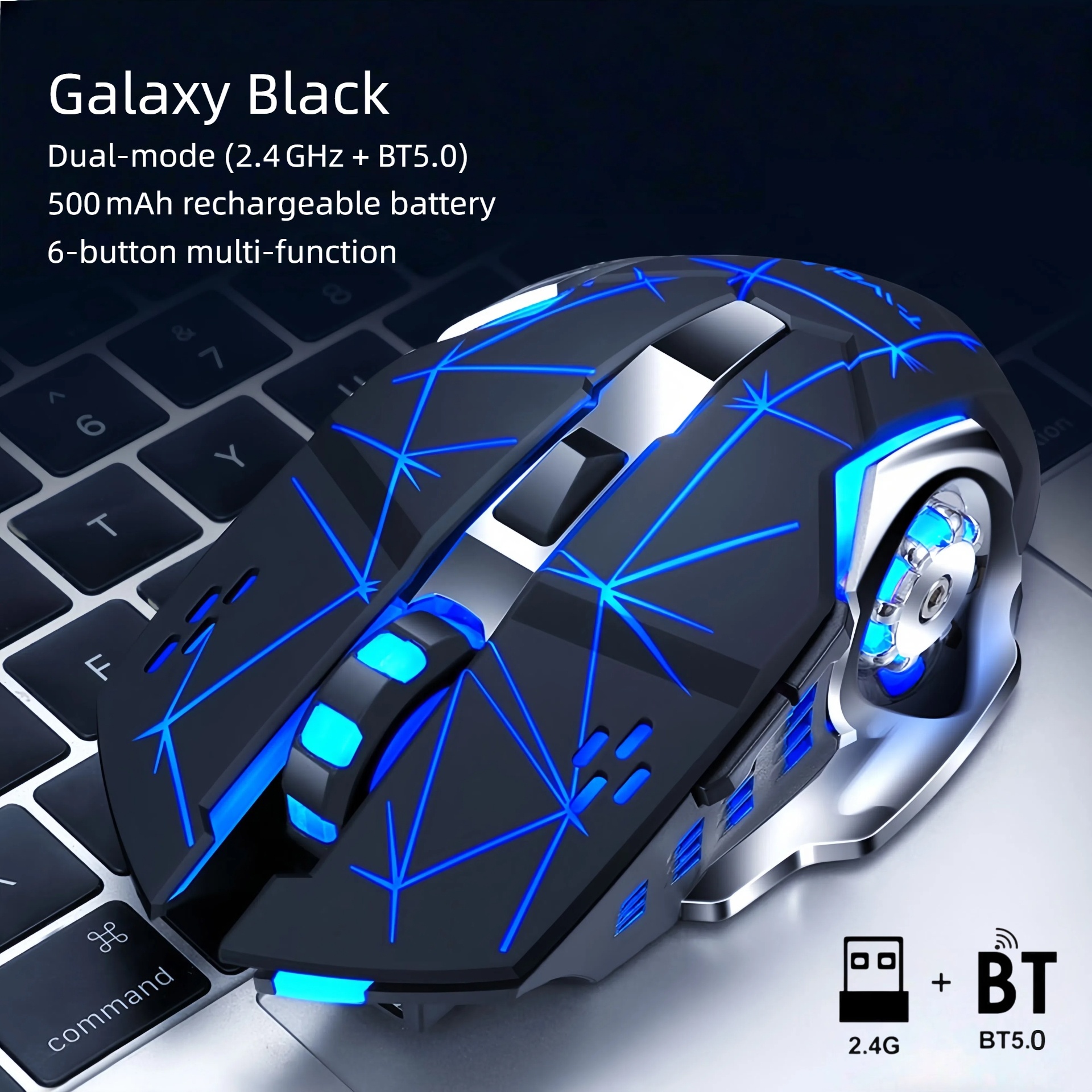 RGB Wireless Gaming Mouse - T-WOLF Rechargeable BT5.0 + 2.4G Dual-Mode Mouse, Silent 6-Button Full-Size Ergonomic Comfort for Extended Work & Gaming, Computer & Gaming Accessories, Cool RGB Desk Setup, Back to School Gift - Image 2
