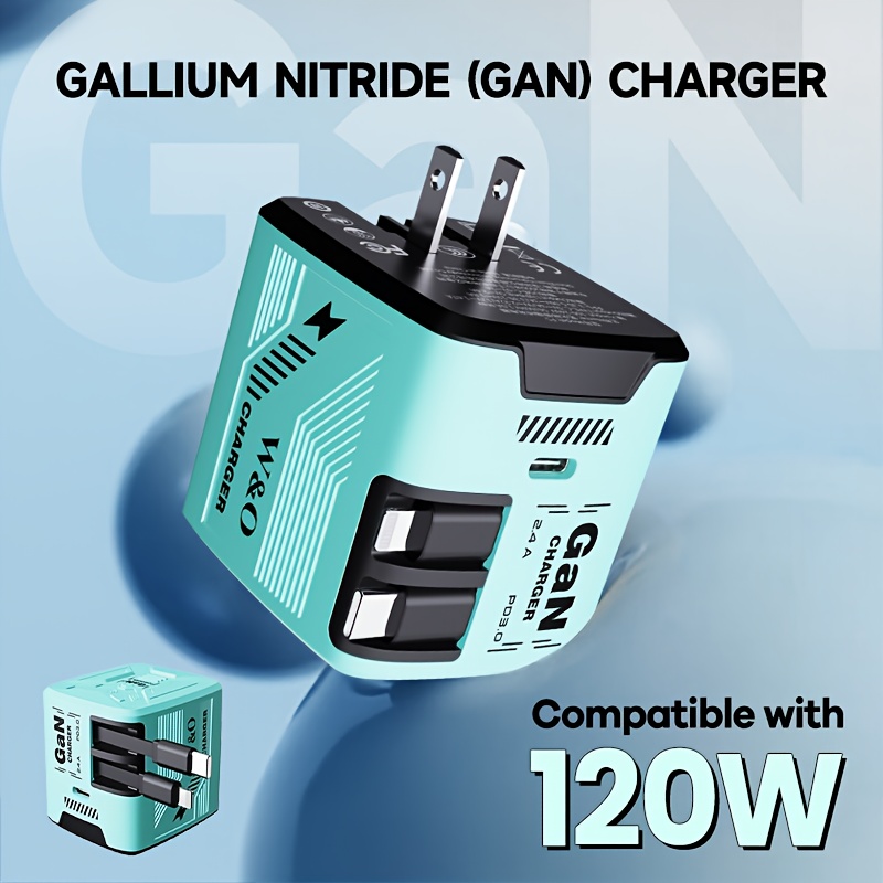 Portable GaN 120W Fast Charger - Dual 47inch/120cm Retractable Type-C+Lightning Cable, Type-C Output Port, Foldable Plug, Durable And Tangle-Free - Compatible for iPhone 16/15/14/Plus/Pro Max, for S25/S24 - Great Gift for Birthday Christmas. - Image 2
