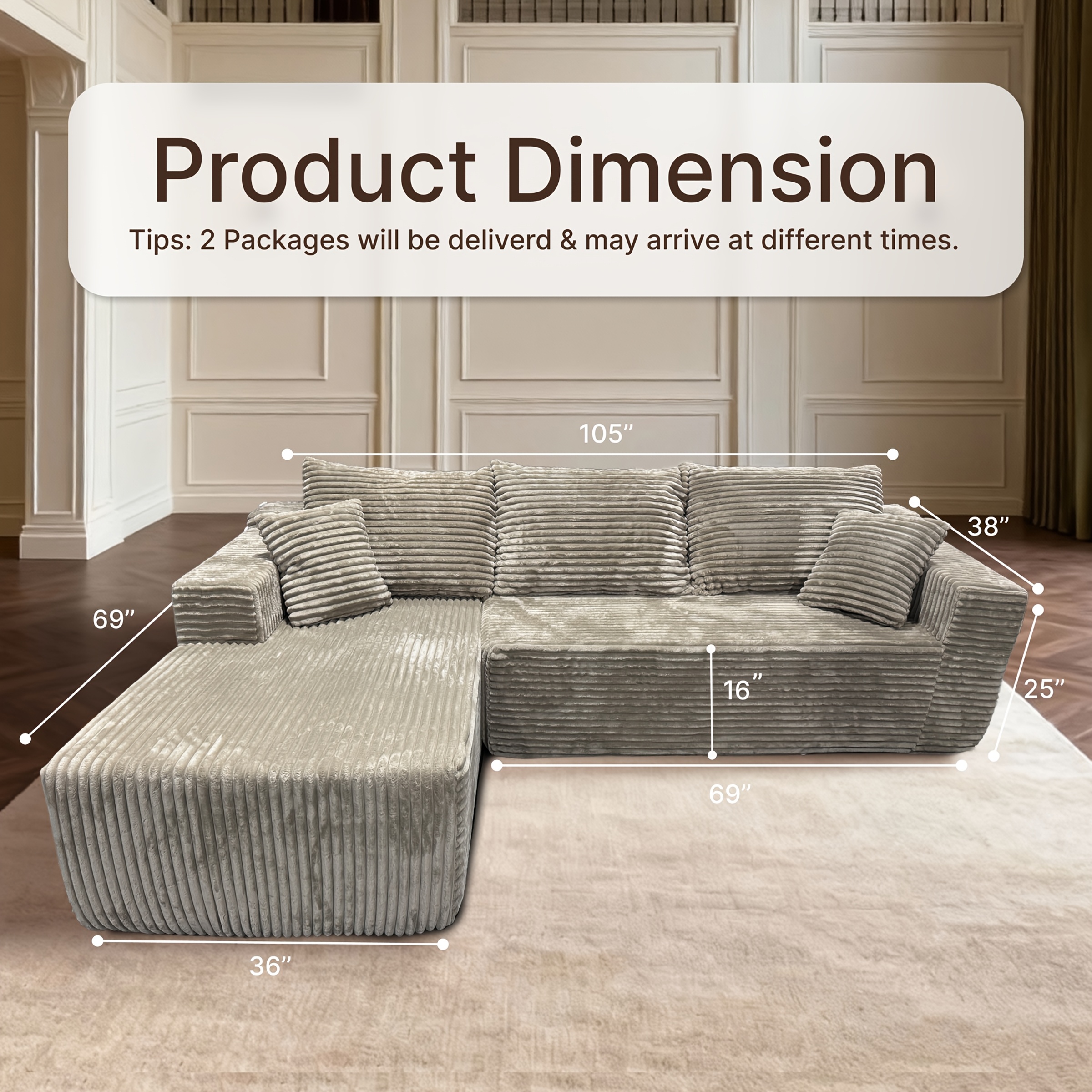 105"e; Boneless Cloud Couch for Living Room, Modular Sectional Sofa with Chaise, 4-Seater L-Shaped Sofa with Corduroy Fabric, No Assembly Required, Comfy Fluffy Sofa Bed for Bedroom, Compressed Sofa. Living Room Set, Living Room Furniture Set. - Image 2
