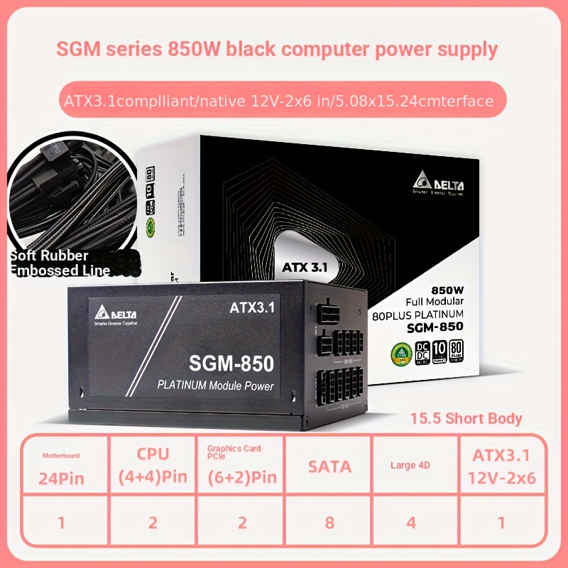 Delta DELTA Rated 850W Power Supply SGM850 Platinum Fully Modular ATX3.1 Computer Power Supply, Supports All Voltages, Compatible with 50 Series Graphics Cards, Fan Start-Stop, Japanese Capacitors, And Textured Cables - Image 2