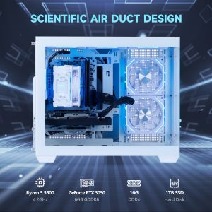 Mloong Gaming PC, AMD Ryzen 5 5500, NVIDIA Geforce RTX 3050 6GB, 16GB RAM, 1TB SSD, 650W PSU, Desktop, White