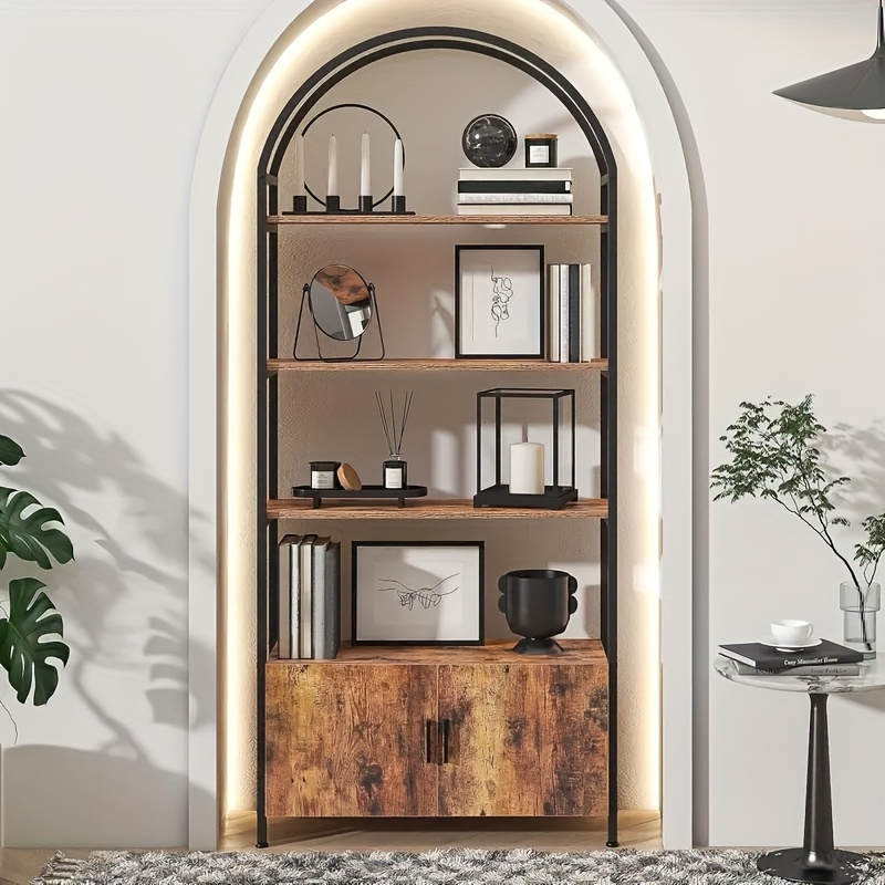 71"e; Industrial Arched Bookshelf with Doors - Sturdy Metal Frame, Freestanding Display Shelving Unit for Home & Outdoor Leisure - Image 2