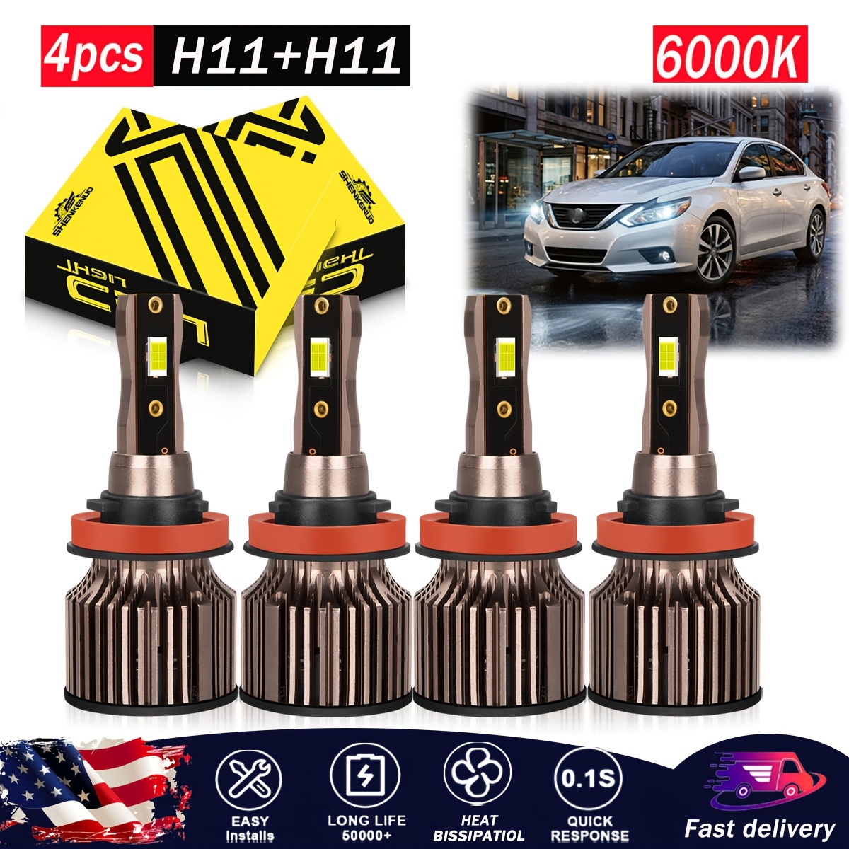 4pcs H11 LED Headlight Bulbs, H11 High Beam+H11 Low Beam Bulb, Ultra Bright 6000K White Light, Plug and Play, Headlights Bulbs Replacement Parts - Image 2