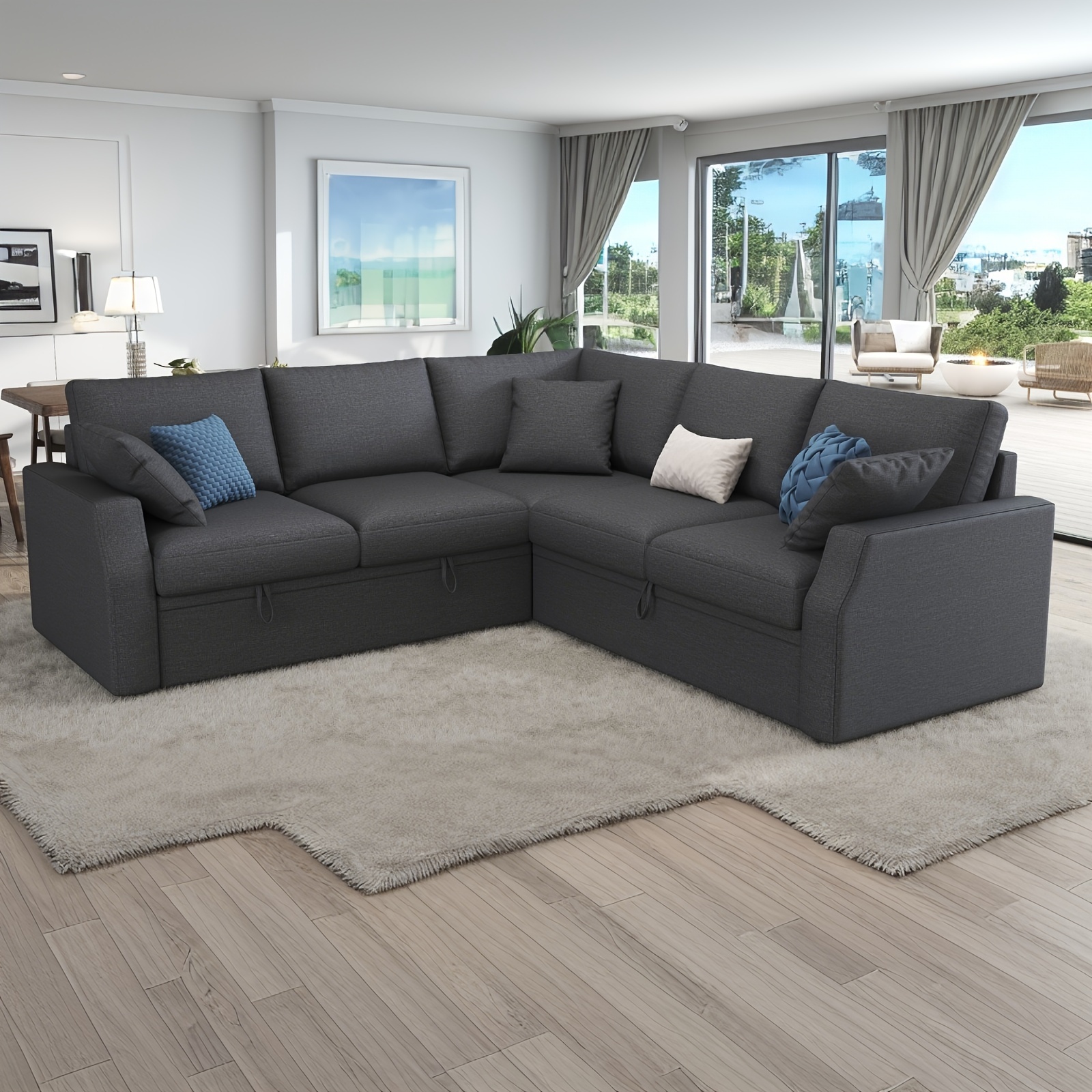 85-Inch L-Shaped Sofa Bed with Pull-Out Mattress And Storage Seating, Linen Fabric Corner Sectional Suitable for Living Rooms And Apartments - Image 2